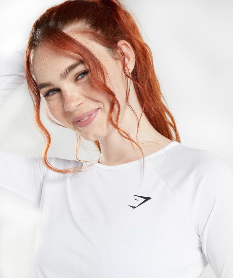 Women's Gymshark Training Long Sleeve Cropped Tops White | CA 6073DN